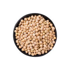 Soybean seeds in black bowl, Top view