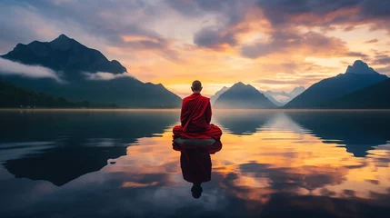 Fotobehang Monk Meditating Alone in Nature © LadyAI