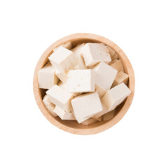 Slice organic tofu in wooden bowl, Vegan food