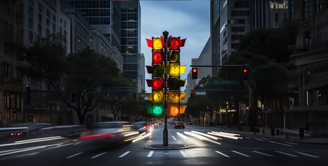 traffic light trails on the street, traffic lights in the city, traffic light trails - obrazy, fototapety, plakaty