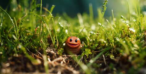 ladybug on green grass, Smiling earthworm in the grass 
