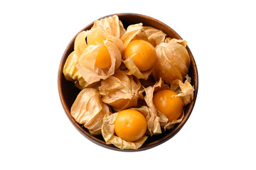 Cape gooseberry, Goldenberry or Physalis peruviana in wooden bowl, Top view - obrazy, fototapety, plakaty