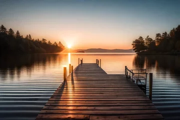 *A straight flat simplistic rectangular lake dock, beautiful sunrise, toggy, clam water. nature relax wallpaper-- © Mazhar