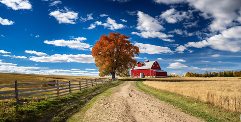 Fototapeta premium red barn and sky with clouds, landscape with tree and sky, tree in the field, a red barn farm autumn trees blue sky high res photo