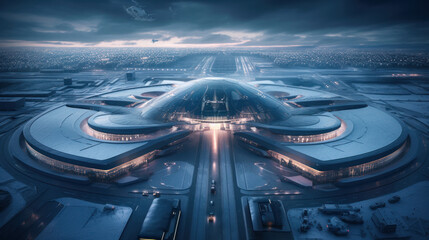 Futuristic Airport or spaceport Building. Iconic space structure aerial view. - obrazy, fototapety, plakaty