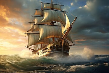 An 18th-century sailing ship navigating the high seas, emphasizing maritime exploration and trade....