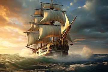 Foto op Canvas An 18th-century sailing ship navigating the high seas, emphasizing maritime exploration and trade. Copy space for text. © Naknakhone