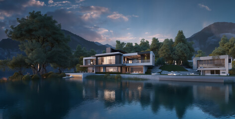 Obraz premium houses on the river, house on the lake, house on the river, 