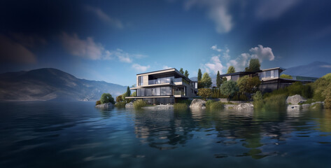 Fototapeta premium houses on the river, house on the lake, house on the river, 