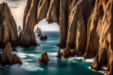 closeup  view of the  arch and surrounding rock formations at lands end in cabo san lucas, baja california sur, mexico- - obrazy, fototapety, plakaty