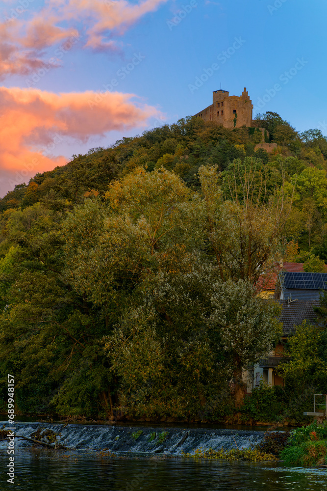 Canvas Prints  Sonnenuntergang über der Ruine Trimburg in Trimberg, Gemeinde Elfershausen, Landkreis Bad Kissingen, Unterfranken, Franken, Bayern, Deutschland