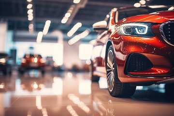 New cars display in luxury showroom with light bokeh in motor show event. Blurred Background of Luxury Cars in Showroom with Bokeh Lights. - obrazy, fototapety, plakaty