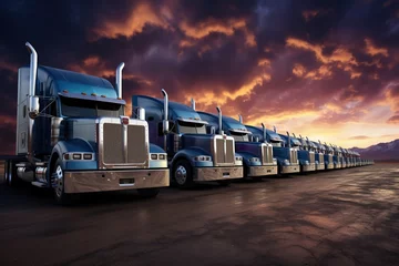 Fototapeten a row of semi trucks parked next to each other in a parking lot at sunset or dawn with clouds in the sky. Several semi trucks parked on the side of the road. © Naknakhone