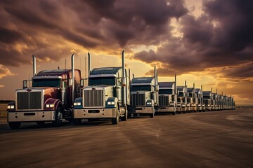 a row of semi trucks parked next to each other in a parking lot at sunset or dawn with clouds in the sky. Several semi trucks parked on the side of the road.