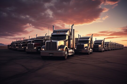 a row of semi trucks parked next to each other in a parking lot at sunset or dawn with clouds in the sky. Several semi trucks parked on the side of the road.