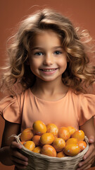 Fototapeta na wymiar Cute little girl with easter eggs. Trendy color of 2024 year peach fuzz