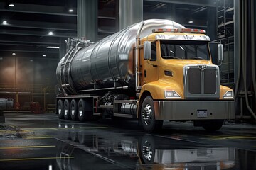 Transportation truck dangerous chemical truck tank stainless is parked in the factory. Copy space for text.
