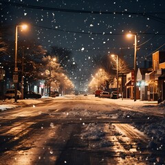 christmas night city with Christmas tree:
a snowy night
