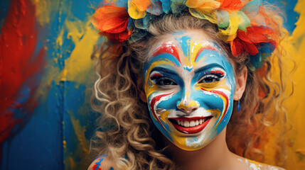 Fototapeta premium Portrait of funny girl with face painting on blurred background