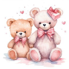 Watercolor Valentine Teddy Bears Pastel