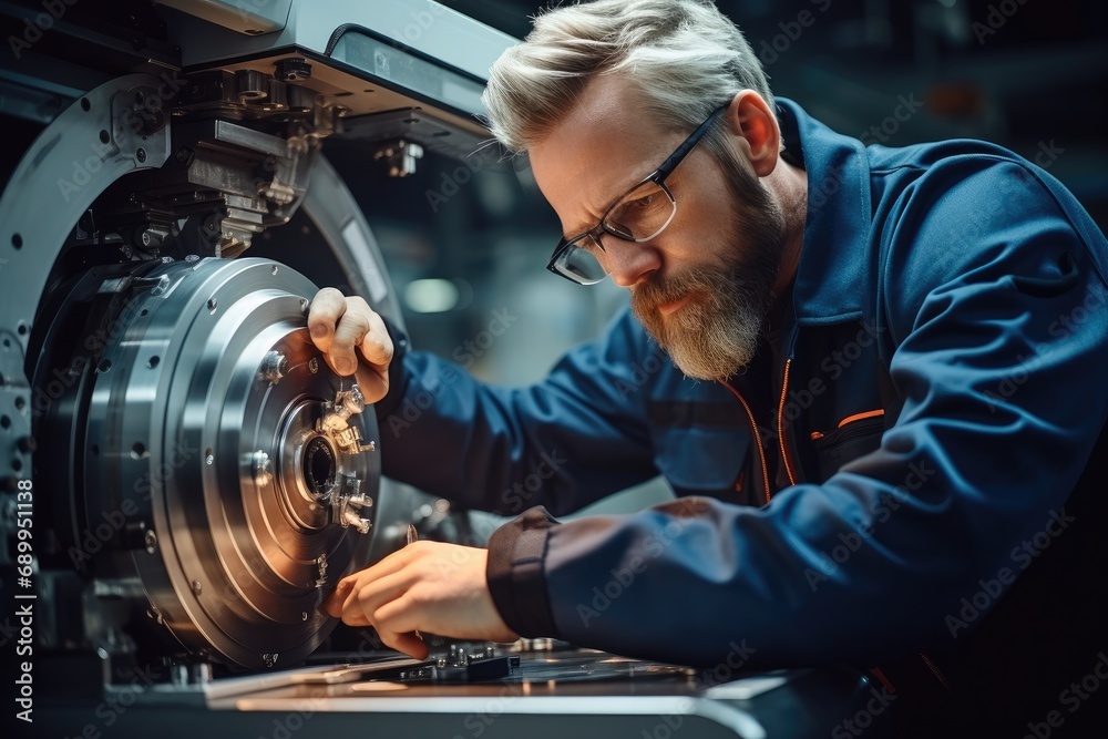 Poster Operating the heavy machinery with caution, A milling machine operator works in a factory, Universal lathe operator.