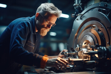 Operating the heavy machinery with caution, A milling machine operator works in a factory, Universal lathe operator.