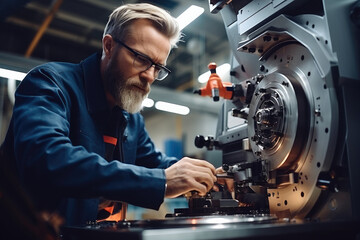 Operating the heavy machinery with caution, A milling machine operator works in a factory, Universal lathe operator.