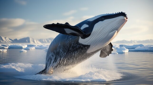 Close up the orca jumps out of the ocean on the Arctic ice background.