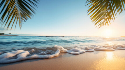 Fototapeta na wymiar Beautiful tropical beach with palm leaf and sea wave at sunset time