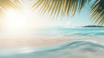 Fototapeta na wymiar Blur tropical beach with coconut palm leaf and bokeh sun light wave abstract background