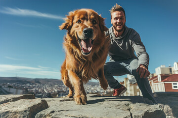 Man dog trainer trains a dog in an urban environment.