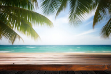 Wooden table by the sea, a tropical display of tranquility. Paradise found with an empty deck, palm leaves, and a beautiful ocean view. Is AI Generative.