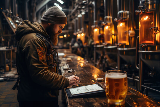 A specialist master brewer tests and records the metrics in a small craft brewery.