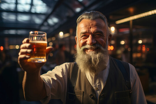 Specialist master brewer in a small brewery holds a glass of beer in his hand. A man with a beard.
