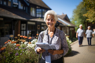 Old woman in a nursing home holds his documents in hands. Nursing home admission concept.