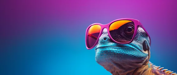 Fotobehang a lizard with sunglasses in blue space, in the style of vibrant color-blocking, 32k uhd, post-internet aesthetics, pink and amber, heatwave, 20 megapixels, vibrant colours © PixelPenguin
