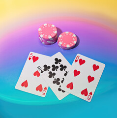Top View of Black Jack Twenty One Winning Poker Hand, and Casino in a Card Game Night Pastel Gradient Scene