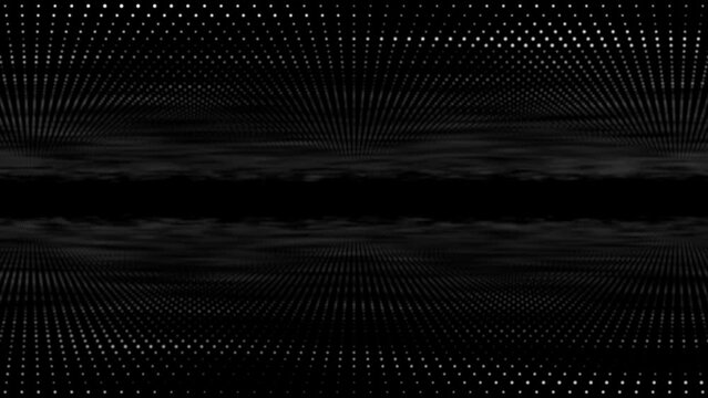 Digital disco dot 3D animation motion graphic tunnel dot glow lighting mirror particles on abstract black background loop visual effect live performance title 4K white grey