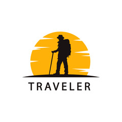 a climber looks at  the beautiful sunset. Travel, tourism, hikes and adventure logos. Vector illustration