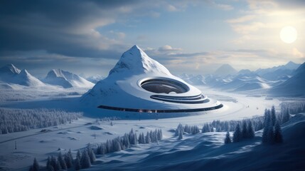 A snowy landscape with a futuristic ski jump hill. - obrazy, fototapety, plakaty