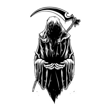 Detailed black and white grim reaper illustration and tshirt design