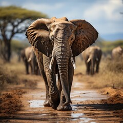 Fototapeta premium Photo of Beautiful Sunset Realistic Elephant in Amboseli National Park Generative AI