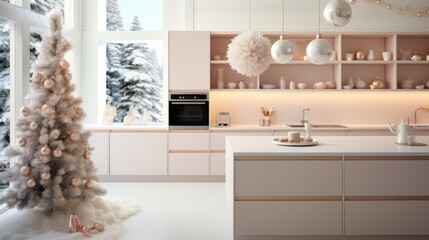 A white minimalist Christmas kitchen with kitchen island.