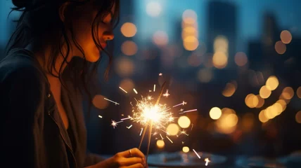 Fotobehang new year celebration with sparklers pyrotechnic light stick defocused lights © rodrigo