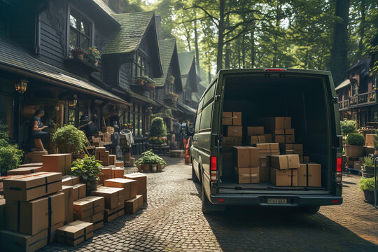 A group of workers from moving company loading boxes onto a van. Many boxes piled up in front of a mountain house. Moving household goods from house in the forest.  
