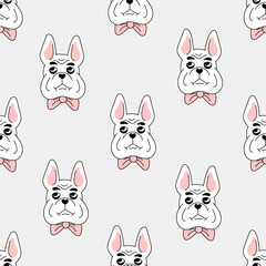 French Bulldog seamless pattern. Dog endless background with serious doggy face in bow tie. Repeat vector illustration for ret, fabric, textile, clothes