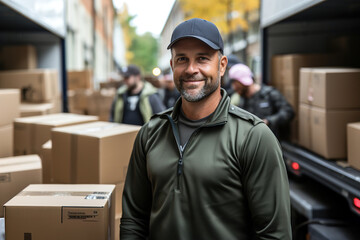 A group of workers from moving company loading boxes onto a van. Many boxes piled up in front of a house. Moving household goods.
