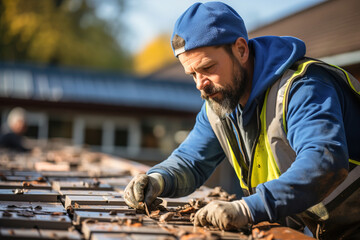A man working on the roof of a building placing tiles. - obrazy, fototapety, plakaty