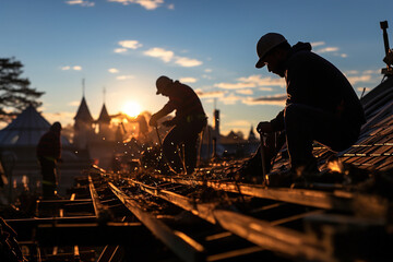 A group of people working on top of a house roof and placing tiles. Sunset backlight. People silhouettes.