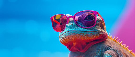 a lizard with sunglasses in blue space, in the style of vibrant color-blocking, 32k uhd, post-internet aesthetics, pink and amber, heatwave, 20 megapixels, vibrant colours